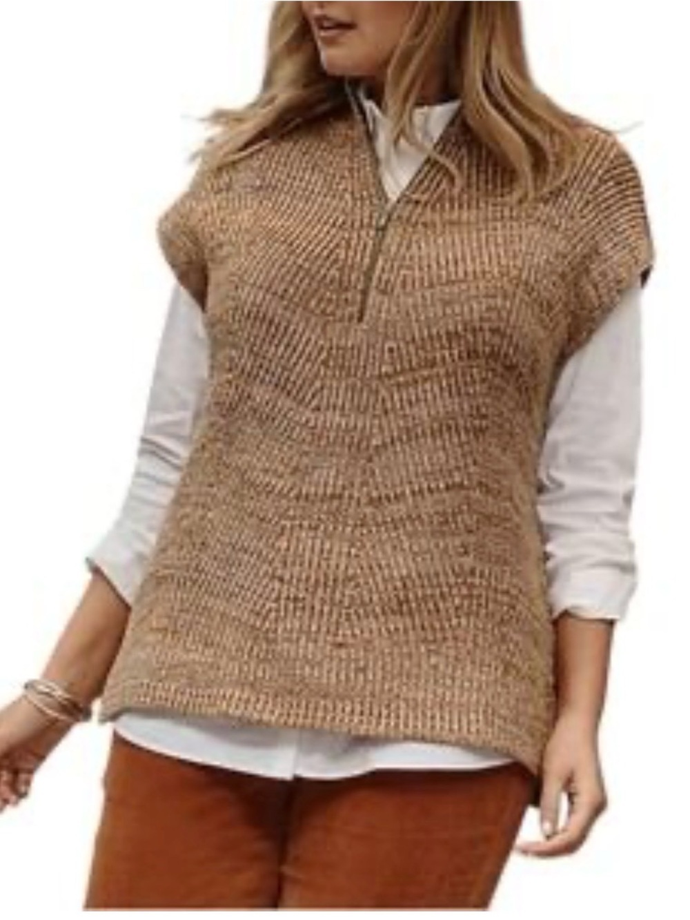 J. Jill Tan Knit Short-Sleeve Zip-Neck Sweater Vest